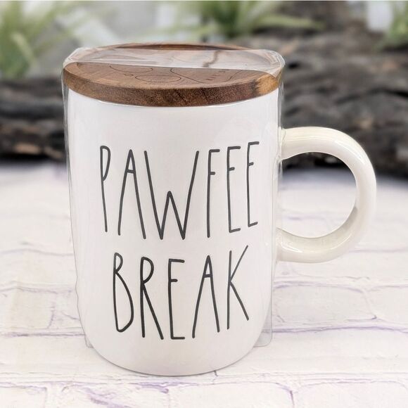 Rae Dunn PAWFEE BREAK Double-Sided Ceramic Mug with Embossed Wooden Lid - Picture 2 of 9